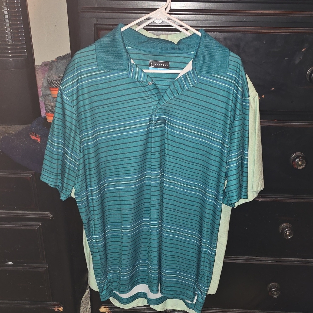 PGA Tour Teal and White Striped Polo Shirt